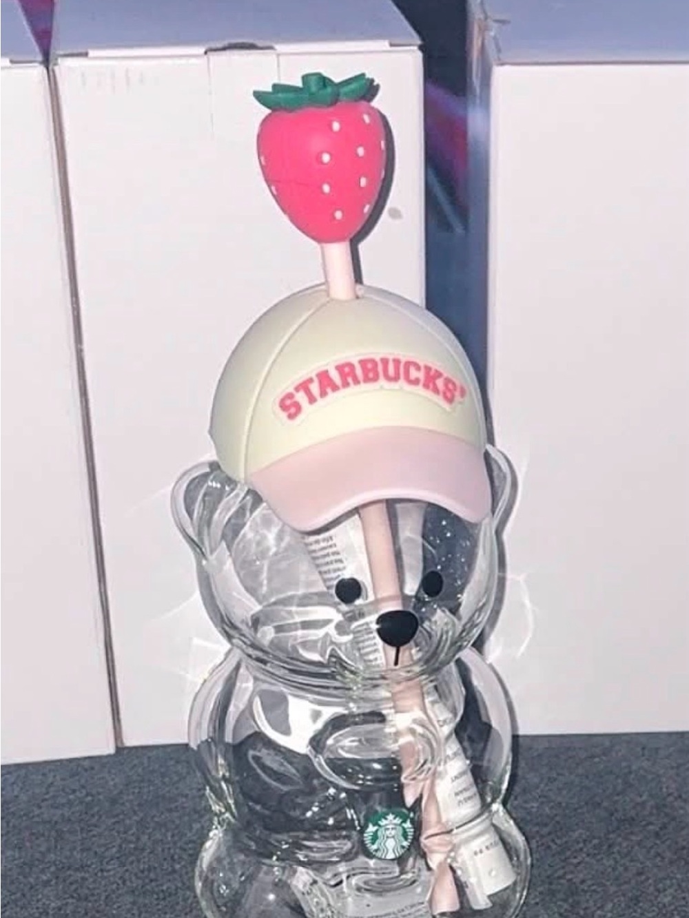 Starbucks Clear Bear Cup with White Cap and Pink Strawberry Topper - Picture 2 of 2